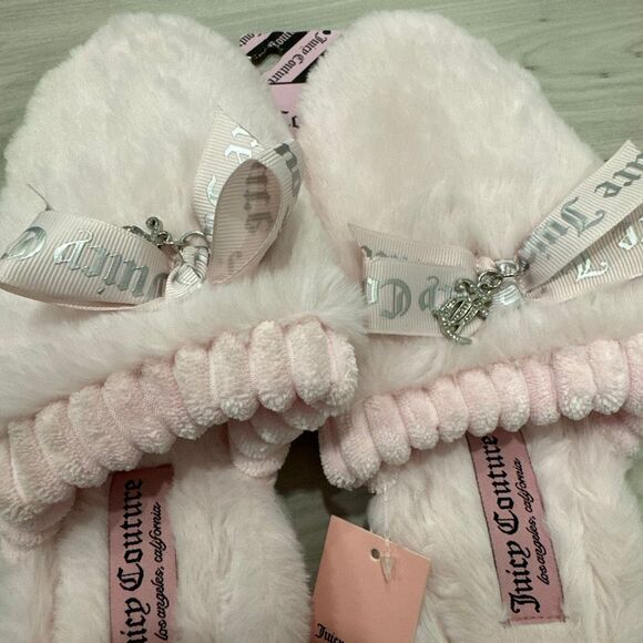 Juicy Couture Light Pink Blush Faux Fur Slippers large (7/8) brand new with bows - Picture 3 of 6